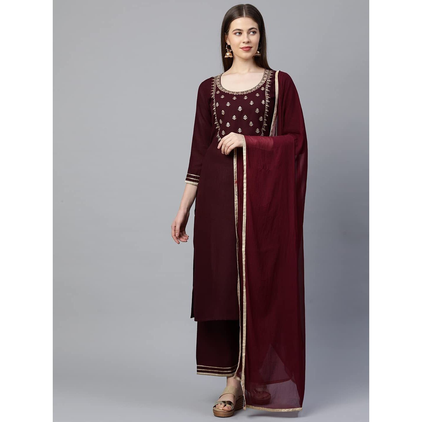 Gosriki Women's Cotton Straight Kurta With Palazzo & Dupatta (Kpzd-Cot-10127-Maroon_Xxl-Go_Maroon_Xx-Large)
