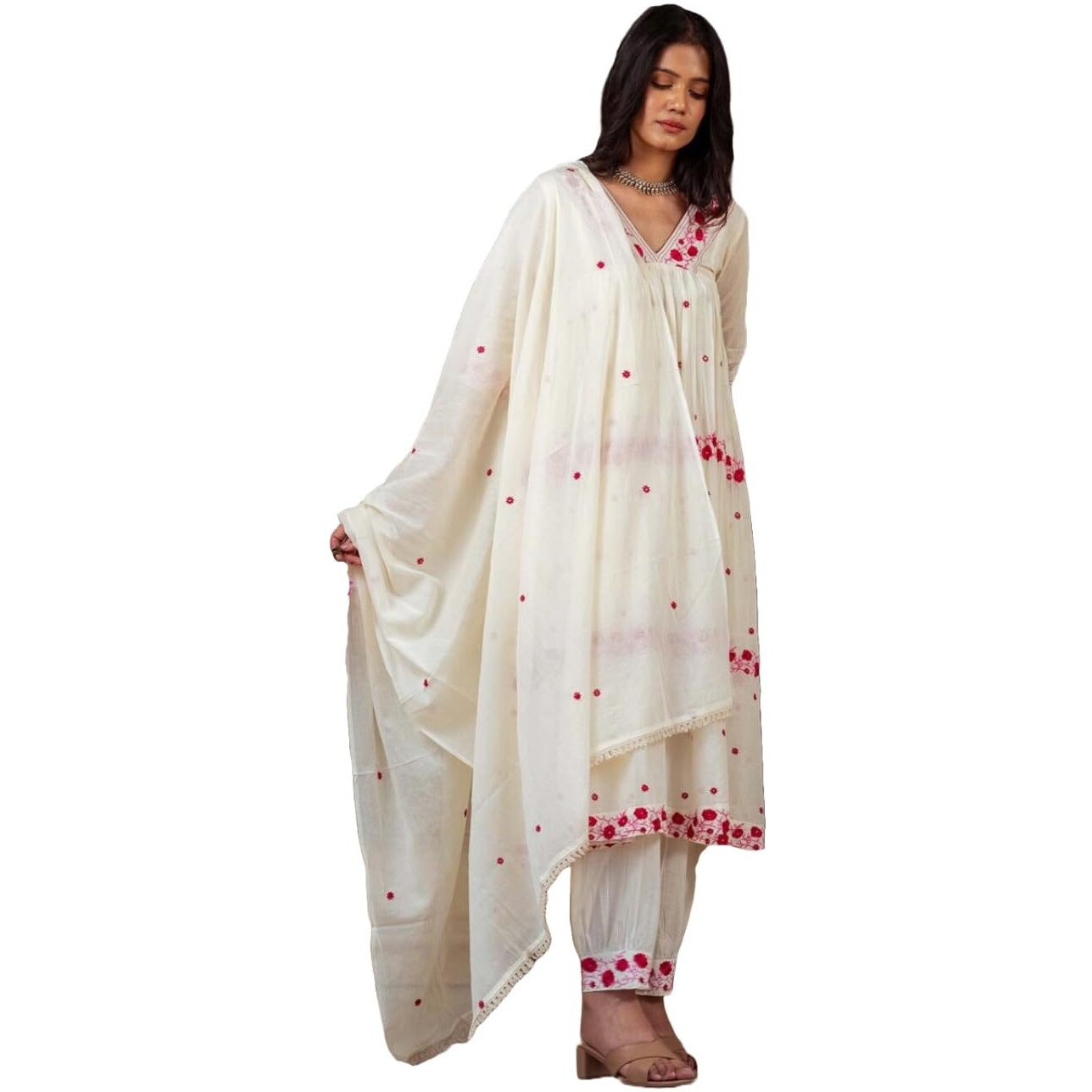 Gosriki Women's Rayon Blend Anarkali Embroidered Kurta With Pant & Dupatta (Raashi Cream-Gs_Xxl_Cream_Xx-Large)