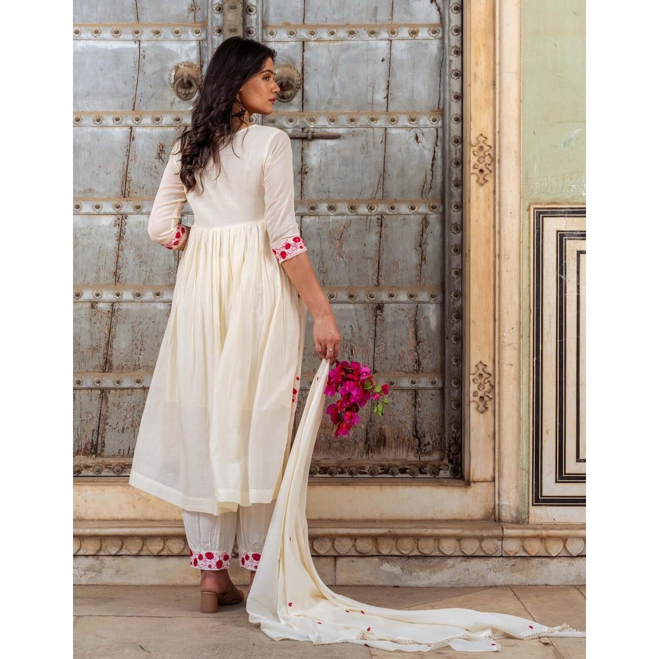 Gosriki Women's Rayon Blend Anarkali Embroidered Kurta With Pant & Dupatta (Raashi Cream-Gs_Xxl_Cream_Xx-Large)