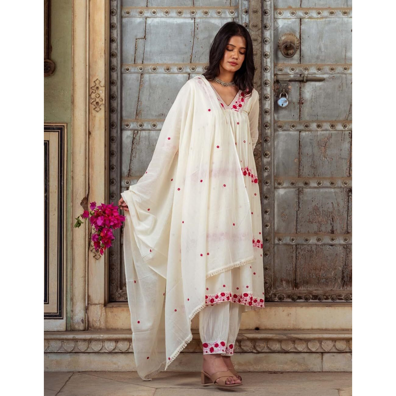 Gosriki Women's Rayon Blend Anarkali Embroidered Kurta With Pant & Dupatta (Raashi Cream-Gs_Xxl_Cream_Xx-Large)