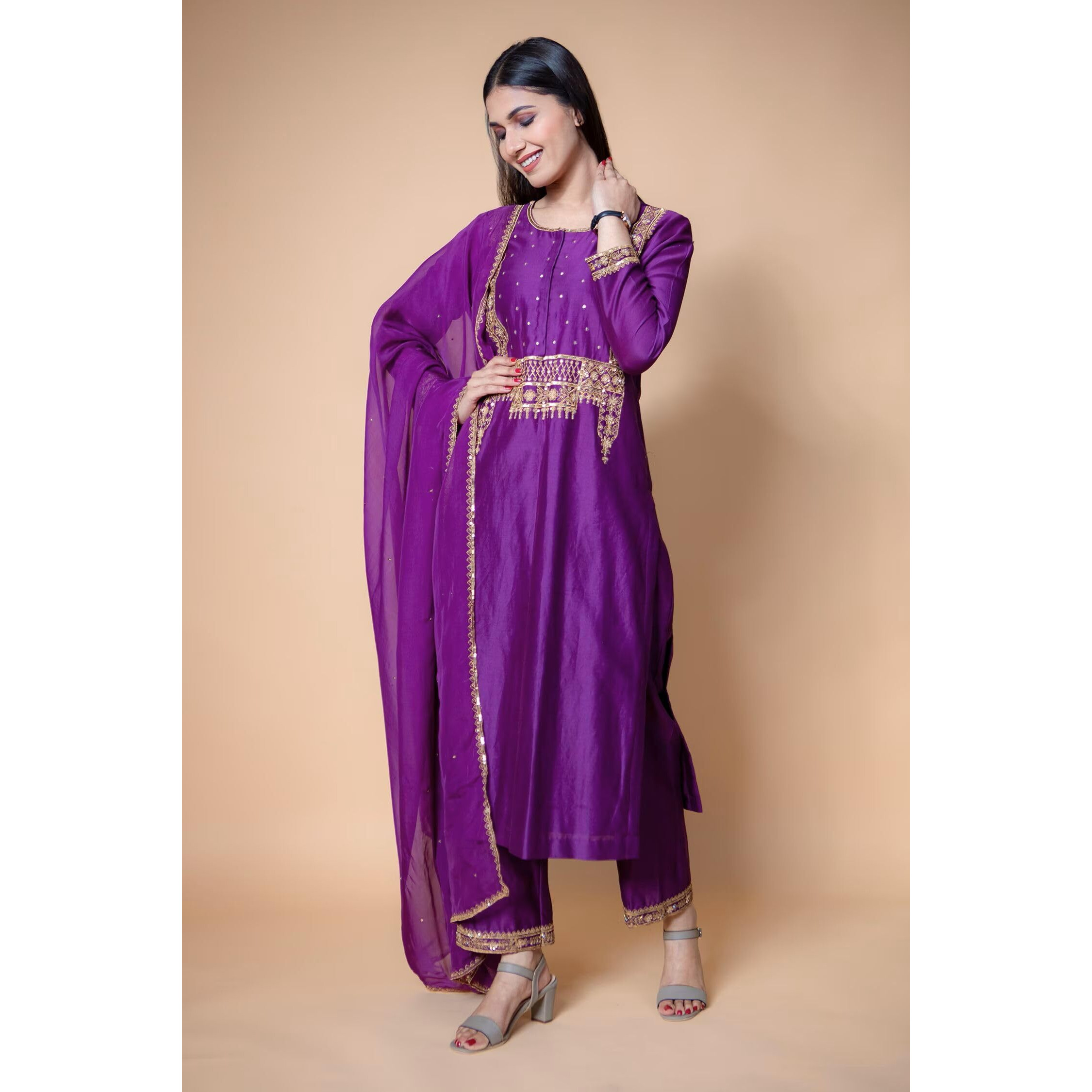 Gosriki Women's Rayon Blend Straight Embroidered Kurta With Pant & Dupatta (Anindita Begani-Gs_L_Begani_Large)