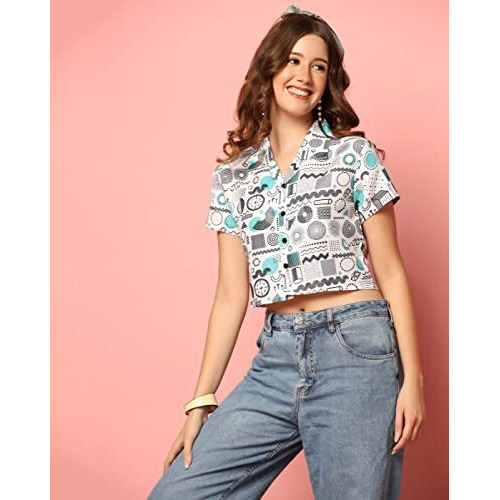 Toplot V-Collar Printed Crop Shirt For Women With Short Sleeves (Crop-Shirt-5059-Round-Xs)