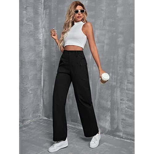 Toplot Cotton Solid Multi-Pocket Cargo Pant For Women (Wide-Leg-Cargo-5195-Black-34)