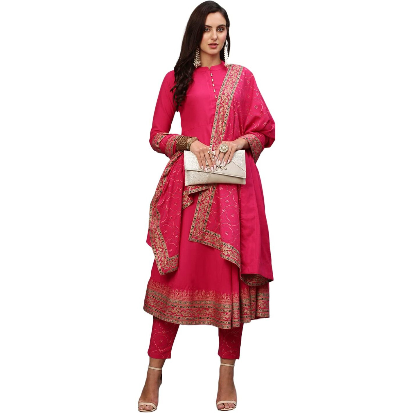 Gosriki Women's Cotton Blend Solid Anarkali Kurta With Pant & Dupatta (Panchali-Rani-Gs_3Xl_Pink_Xxx-Large)