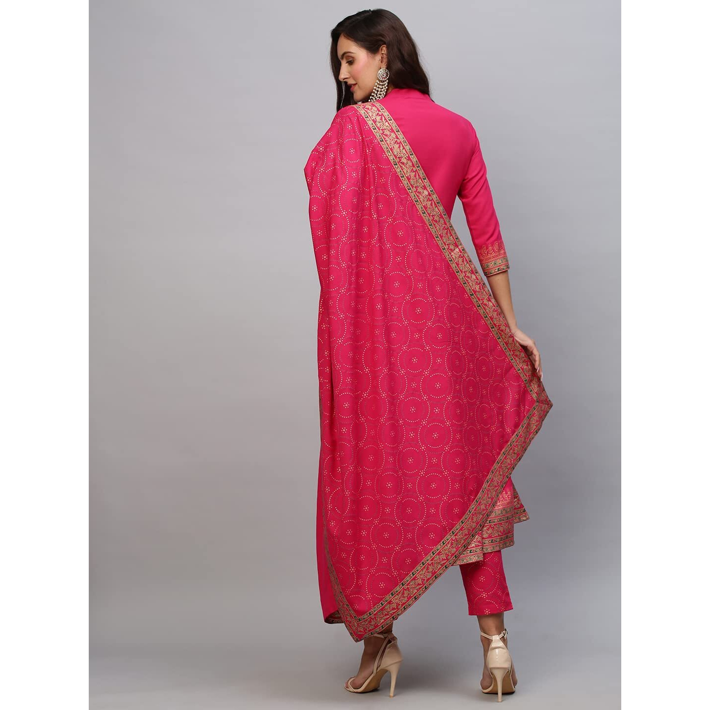 Gosriki Women's Cotton Blend Solid Anarkali Kurta With Pant & Dupatta (Panchali-Rani-Gs_3Xl_Pink_Xxx-Large)