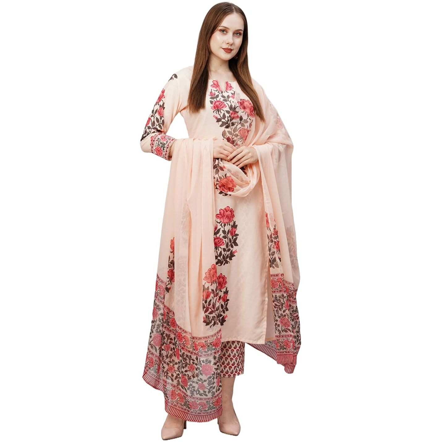 Gosriki Women's Rayon Blend Straight Printed Kurta With Pant & Dupatta (Actual-Cream-Nw-Gs_L_Cream_Large)