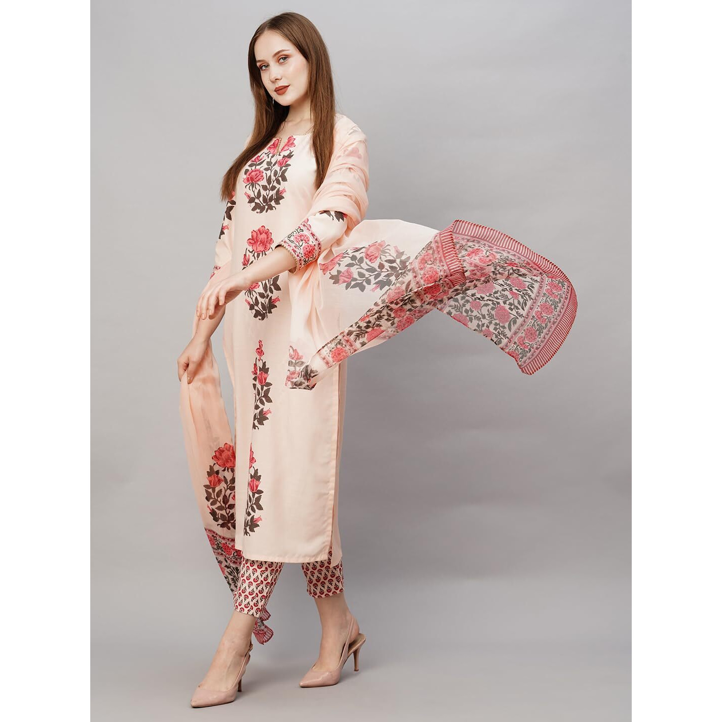 Gosriki Women's Rayon Blend Straight Printed Kurta With Pant & Dupatta (Actual-Cream-Nw-Gs_L_Cream_Large)