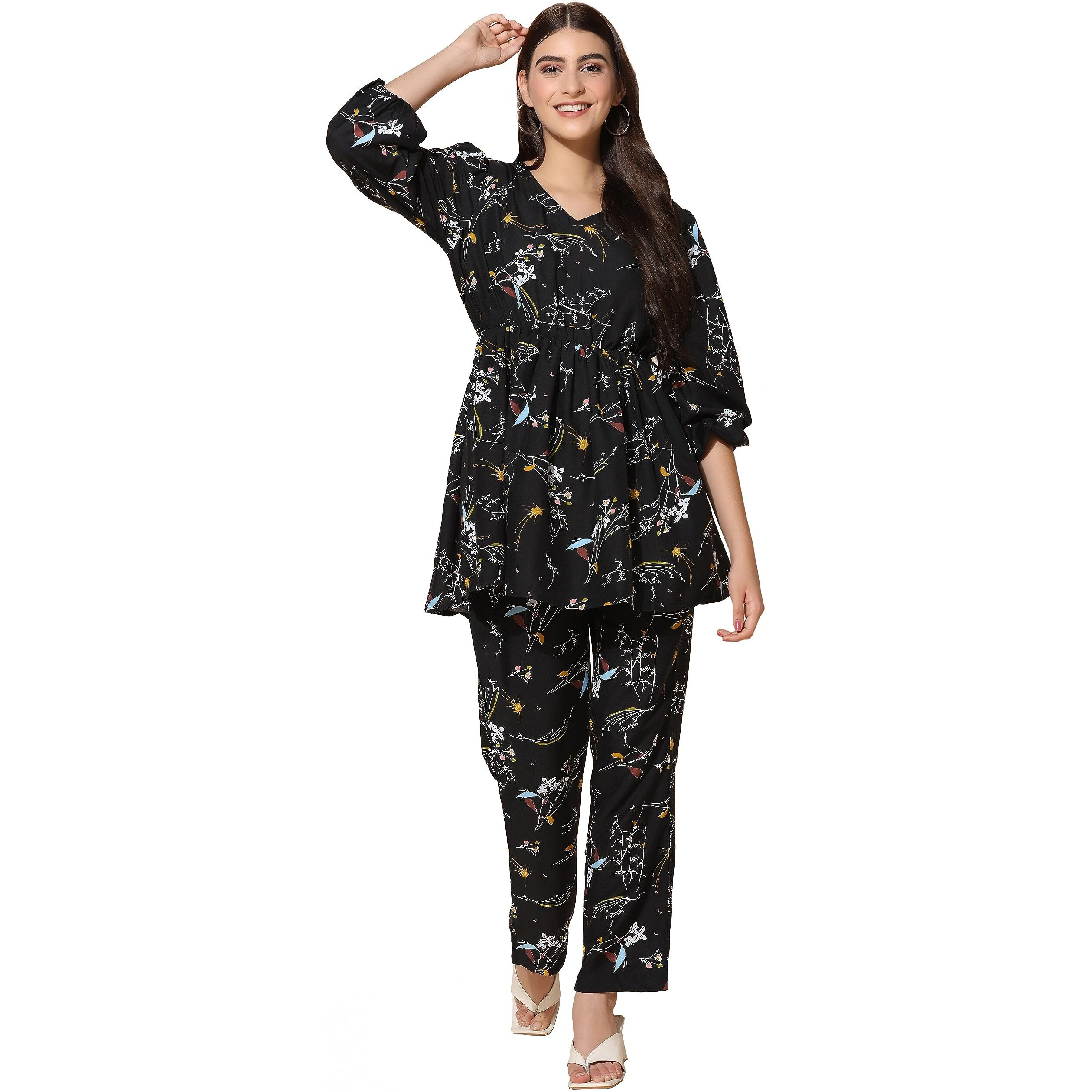 Toplot Co Ord Kurta Set For Women Printed Kurta With Pant (Tunic-Pant-5140-Black-L)