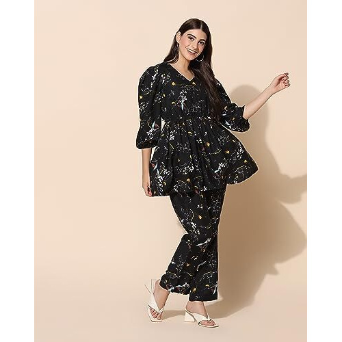 Toplot Co Ord Kurta Set For Women Printed Kurta With Pant (Tunic-Pant-5140-Black-L)