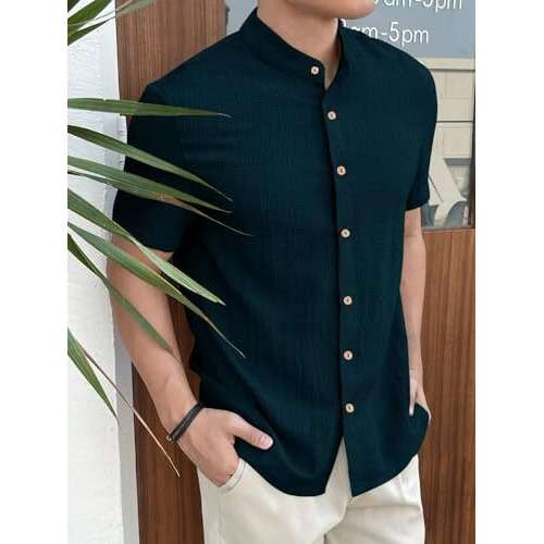 Toplot Men's Polyester Solid Regular Fit Shirt (Popcorn-Mandarin-5210-Teal-M_Teal, Medium