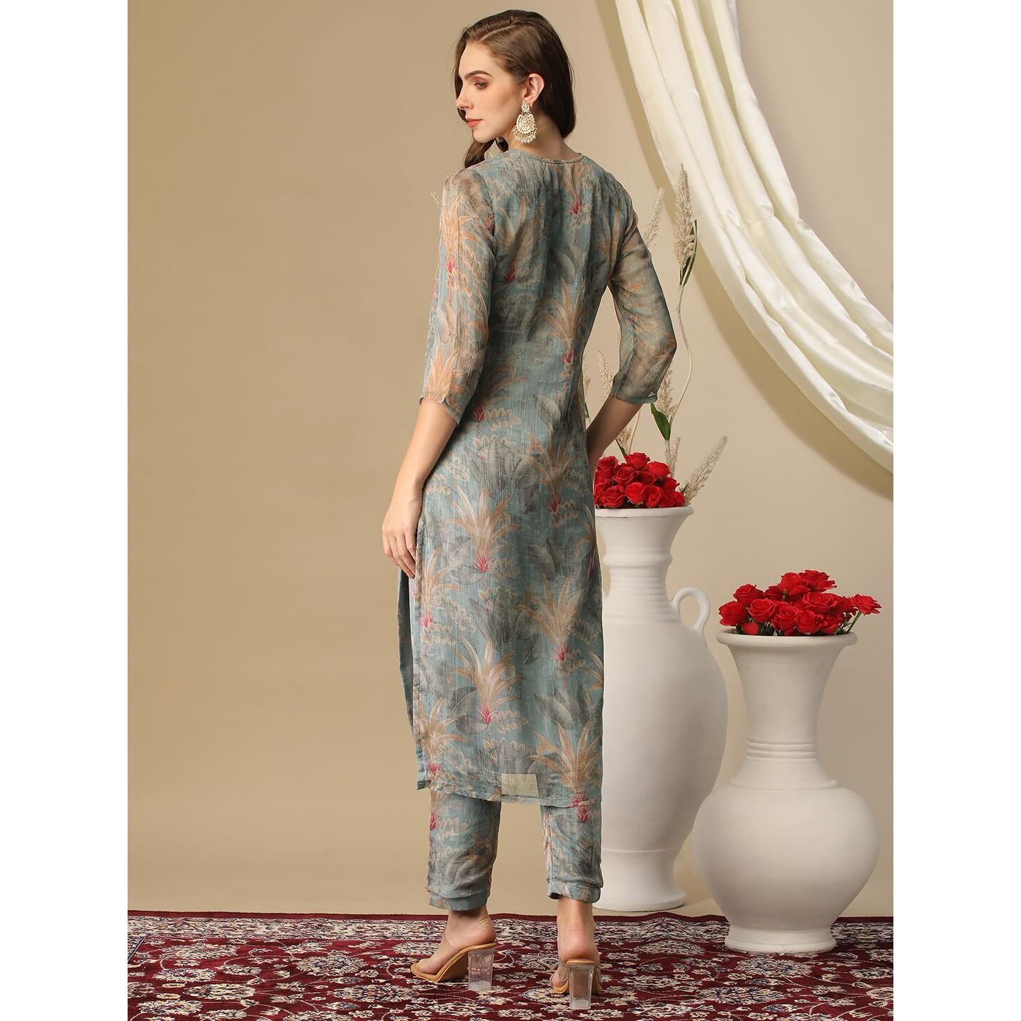 Gosriki Women's Cotton Blend Straight Printed Kurta With Pant (Feni Grey-Nw-Gs_S_Grey_Small)