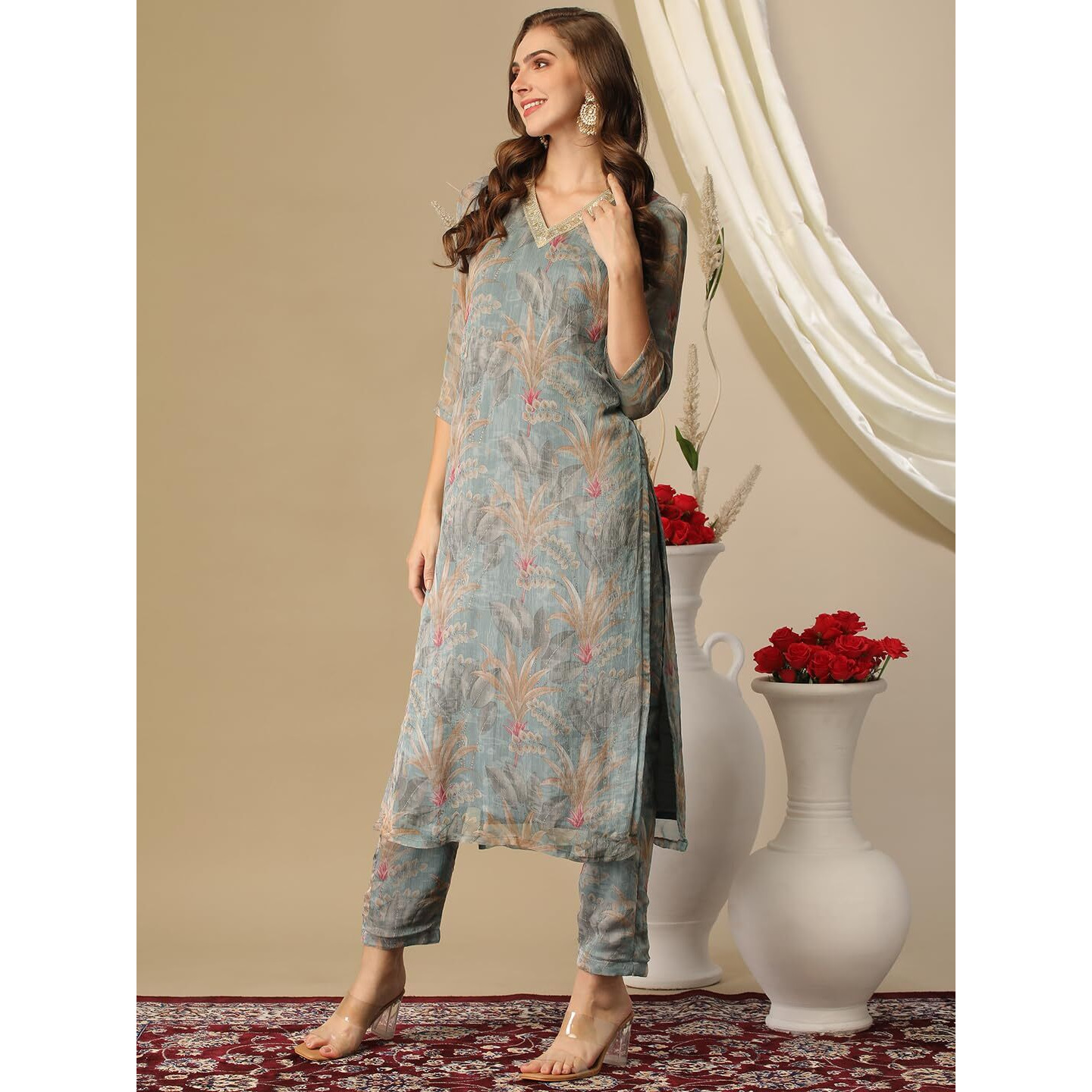 Gosriki Women's Cotton Blend Straight Printed Kurta With Pant (Feni Grey-Nw-Gs_S_Grey_Small)