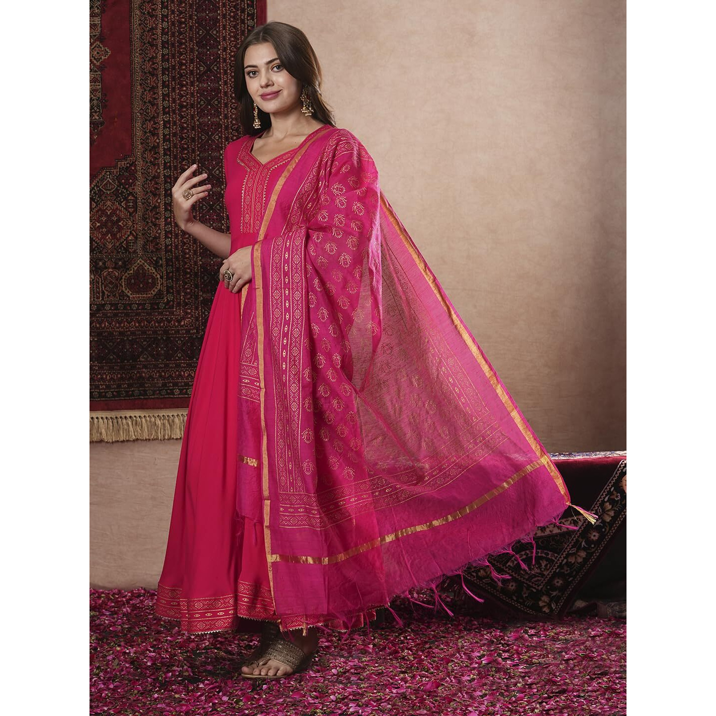 Gosriki Women's Rayon Blend Anarkali Solid Kurta With Pant & Dupatta (Ganpati-Rani-Vks07-Gs_Xxl_Pink_Xx-Large)