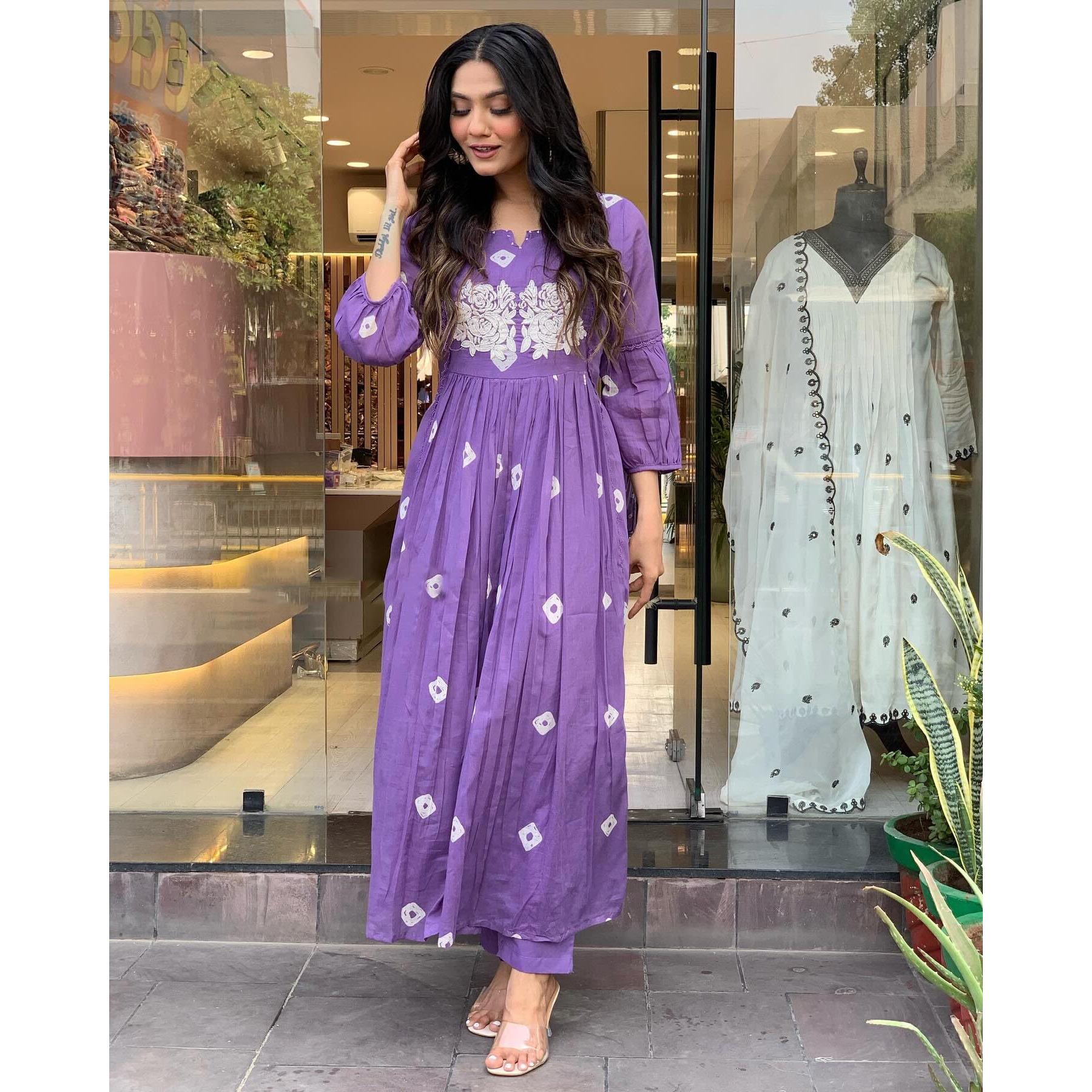 Gosriki Women's Rayon Blend Anarkali Printed Kurta With Pant (Anveshi Purple-Vks07-Gs_S_Purple_Small)