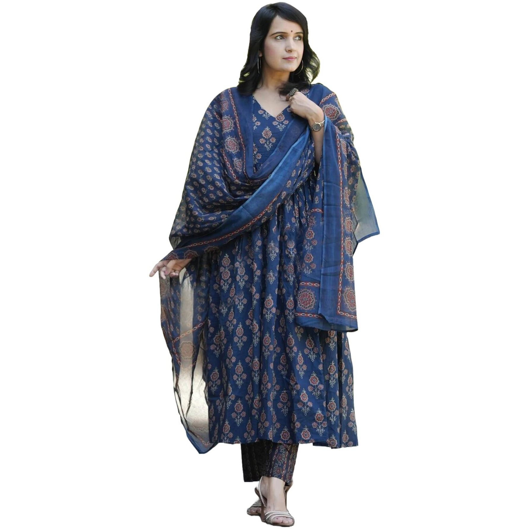 Gosriki Women's Rayon Blend Printed Anarkali Kurta With Pant & Dupatta (Ampm Blue-Gs_Xxl_Blue_Xx-Large)