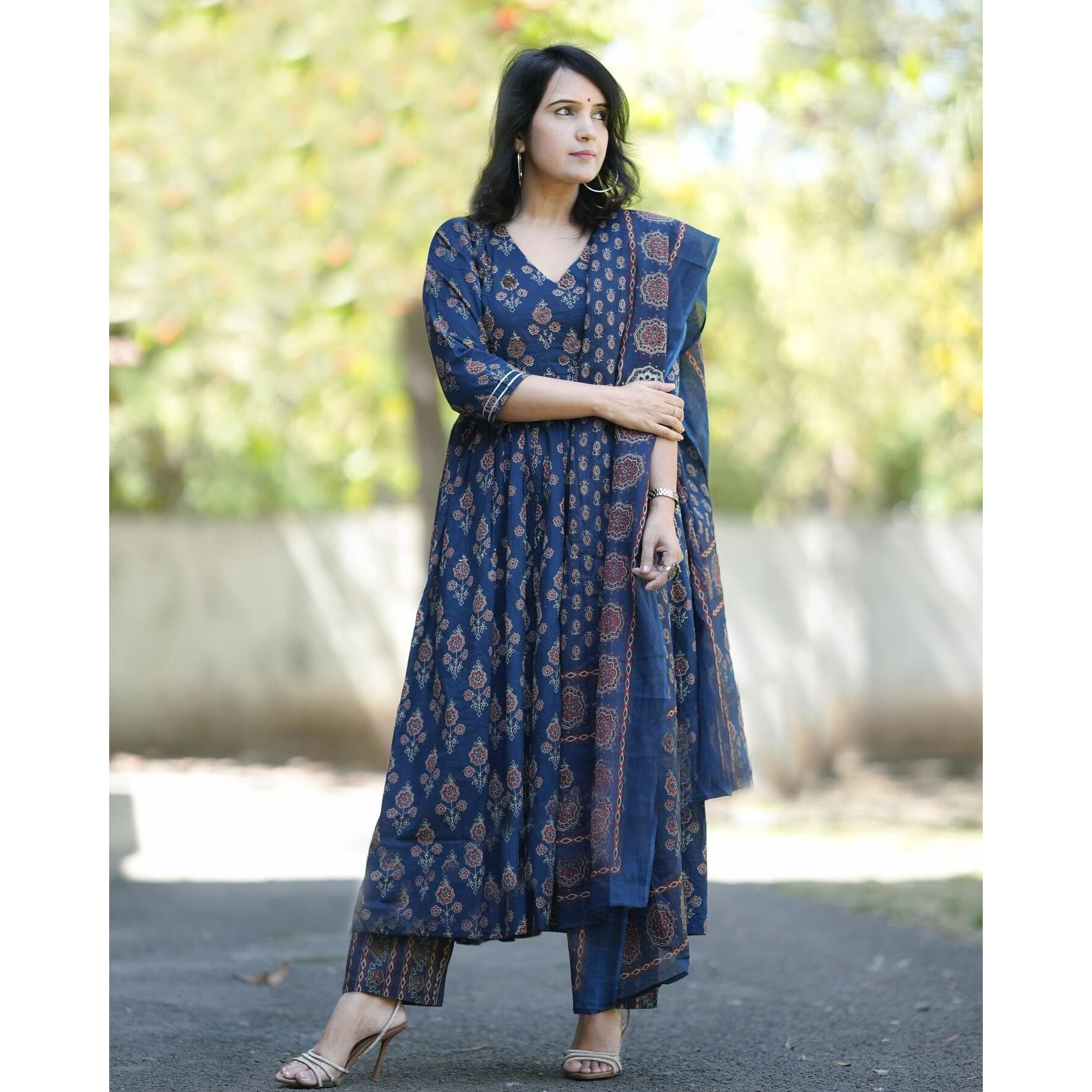 Gosriki Women's Rayon Blend Printed Anarkali Kurta With Pant & Dupatta (Ampm Blue-Gs_Xxl_Blue_Xx-Large)