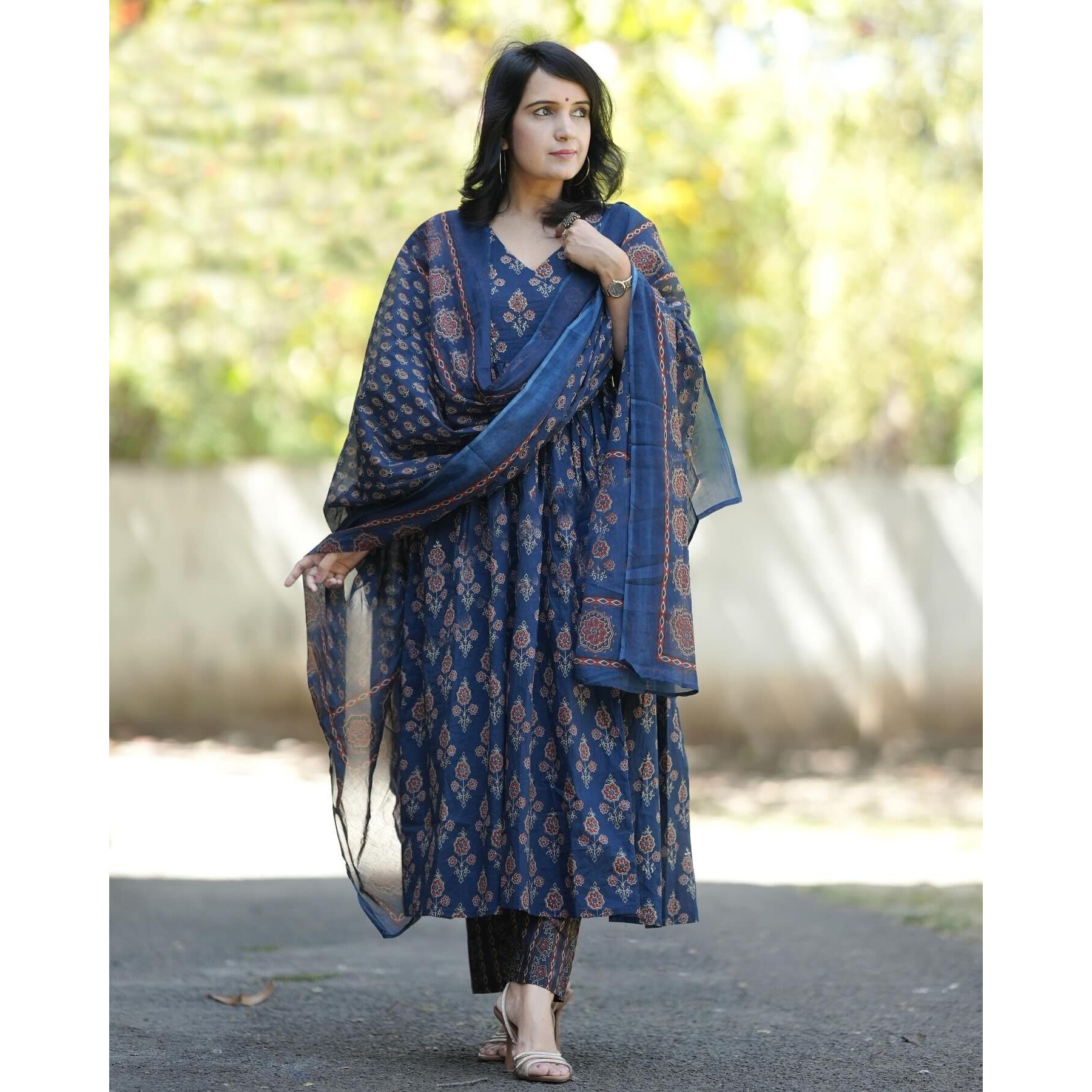 Gosriki Women's Rayon Blend Printed Anarkali Kurta With Pant & Dupatta (Ampm Blue-Gs_Xxl_Blue_Xx-Large)