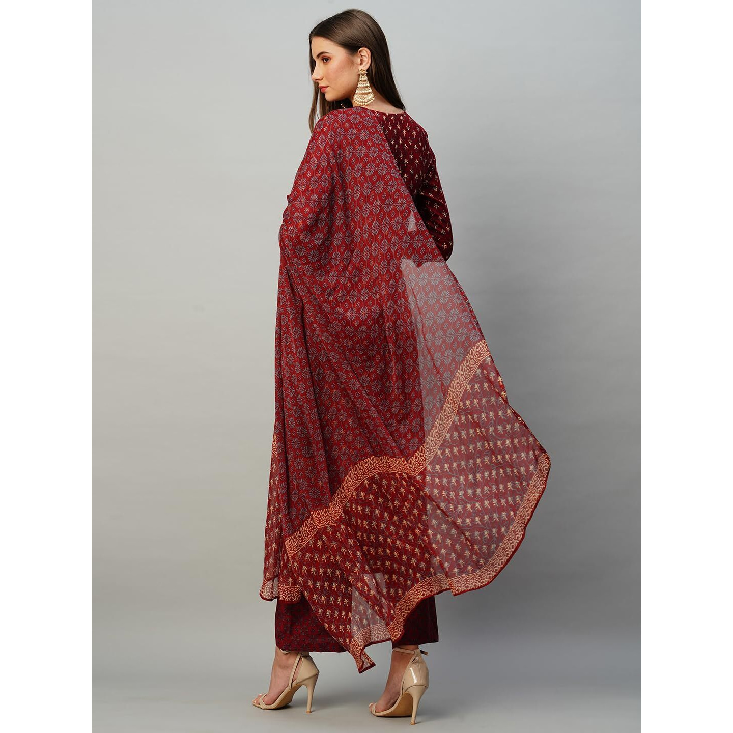 Gosriki Women's Cotton Blend Straight Printed Kurta With Pant & Dupatta (Bc Maroon-Kbv-Gs_5Xl_Maroon_Xxxxx-Large)