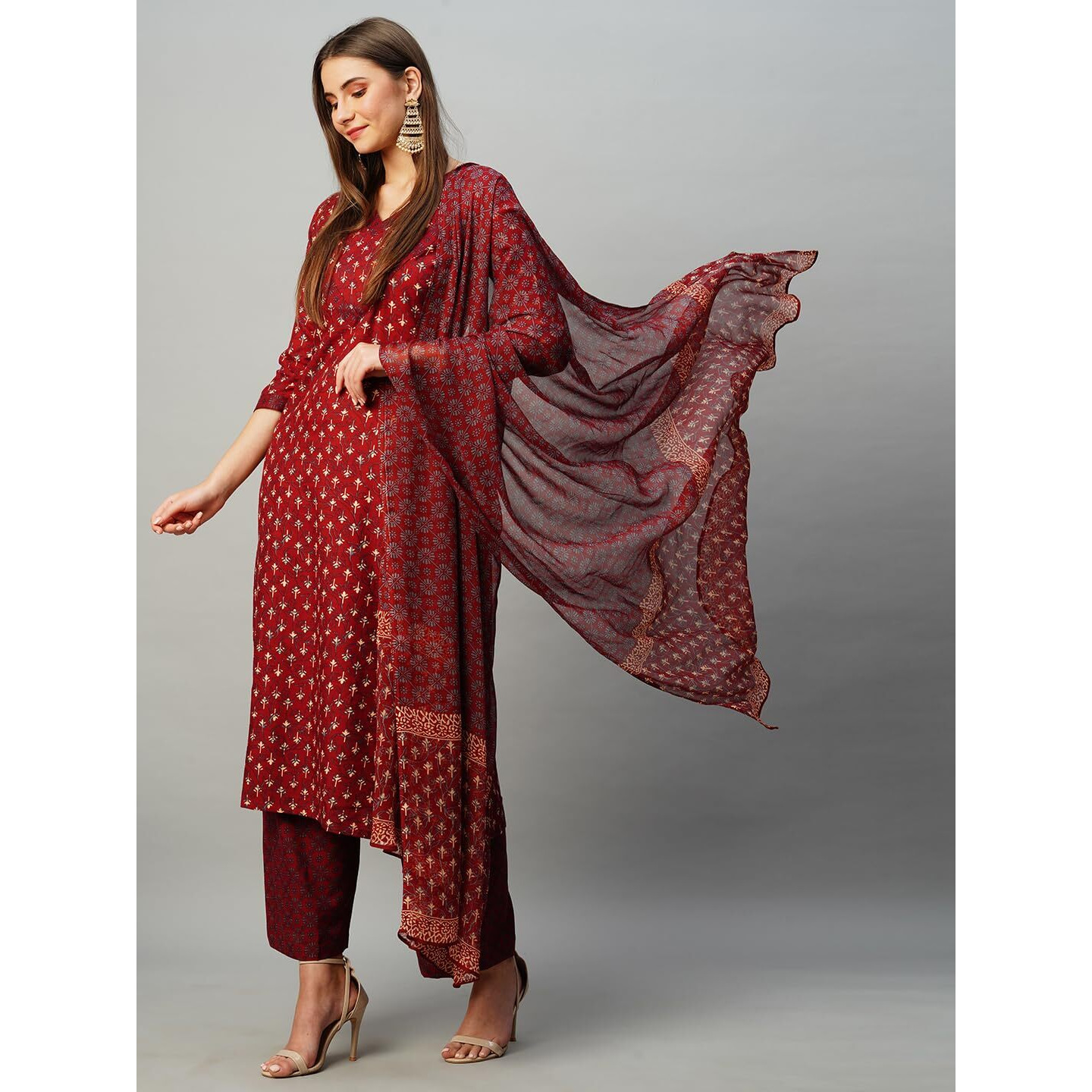 Gosriki Women's Cotton Blend Straight Printed Kurta With Pant & Dupatta (Bc Maroon-Kbv-Gs_5Xl_Maroon_Xxxxx-Large)