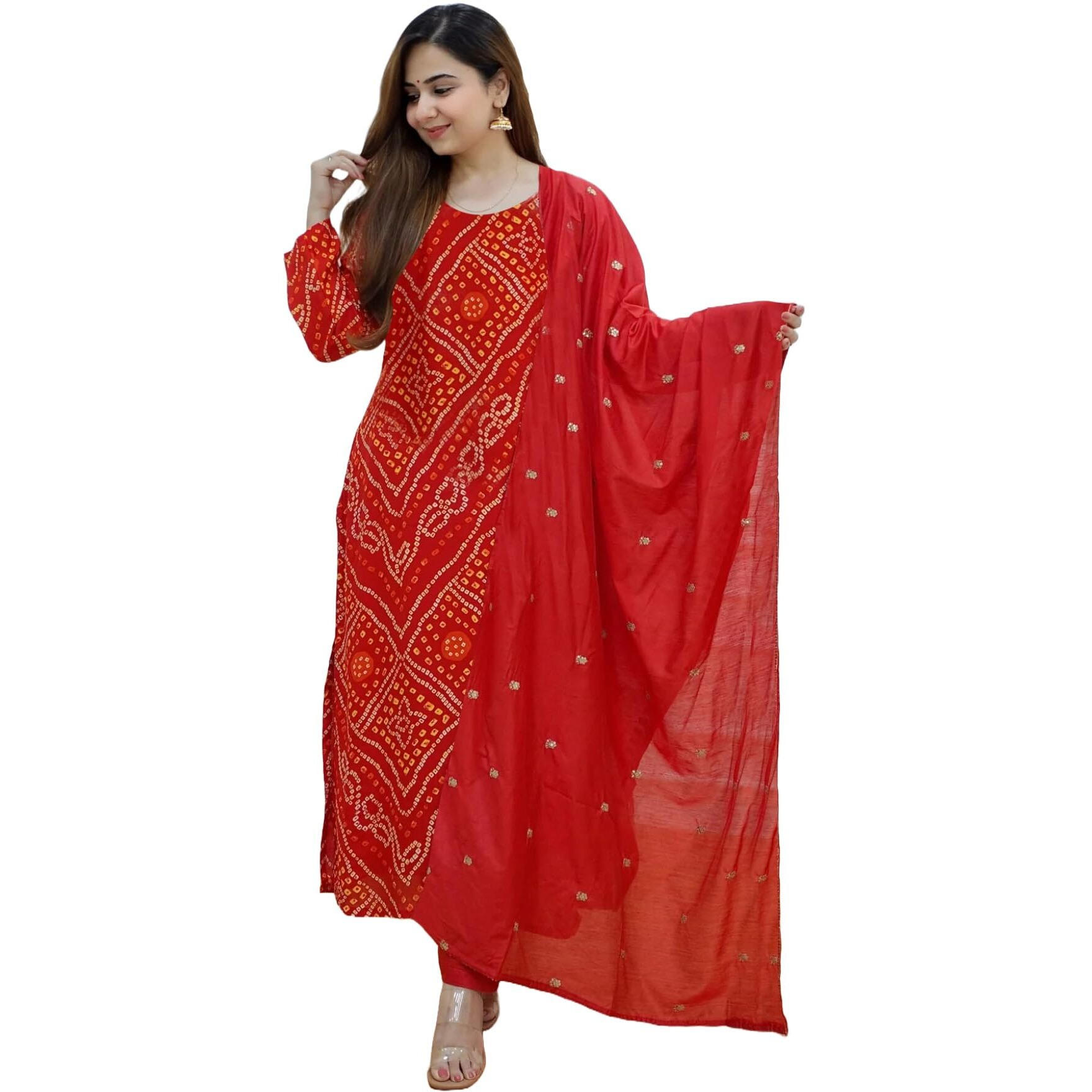 Gosriki Women's Rayon Blend Straight Bandhani Printed Kurta With Pant & Dupatta (Nagwar Red-Gs_Xxl_Red_Xx-Large)