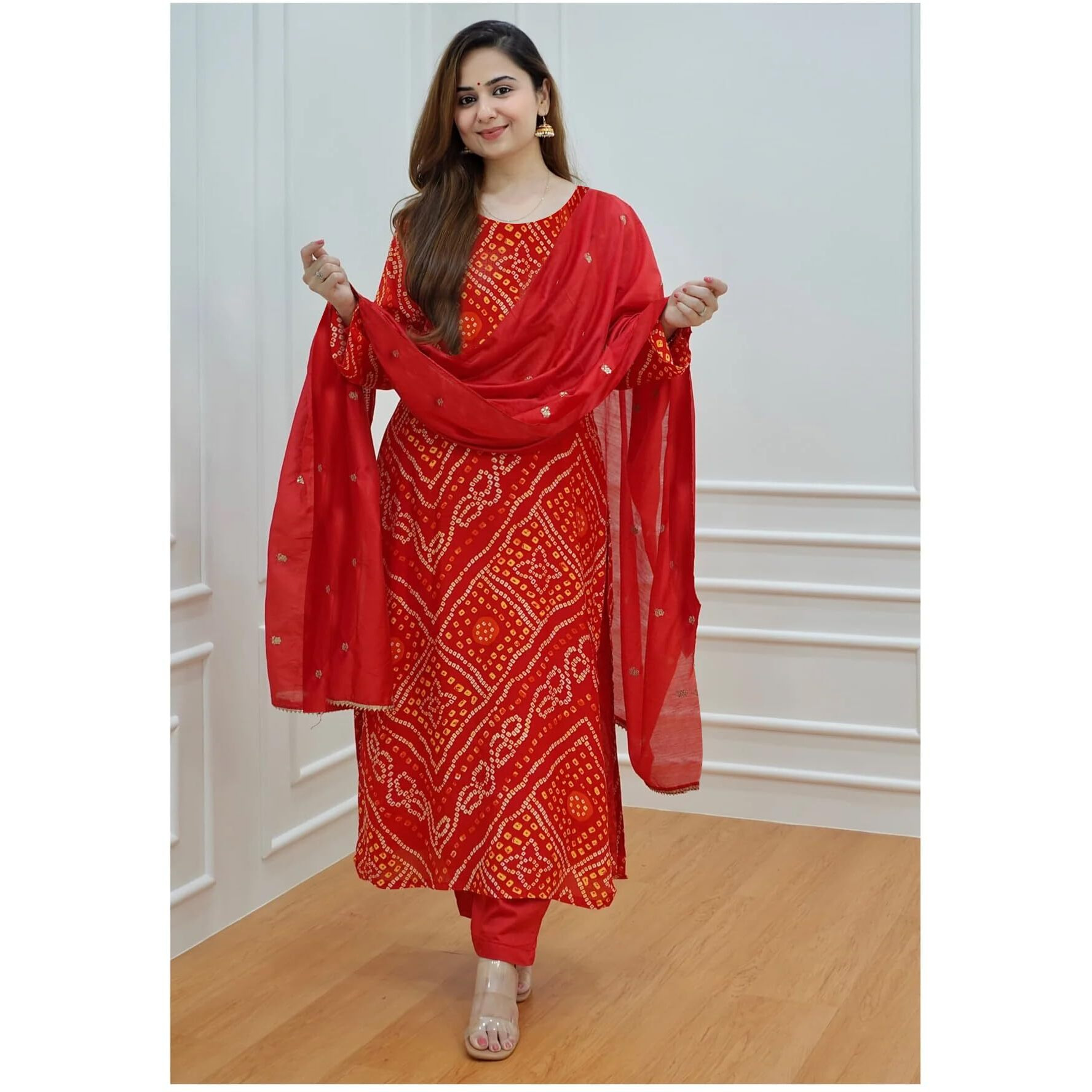 Gosriki Women's Rayon Blend Straight Bandhani Printed Kurta With Pant & Dupatta (Nagwar Red-Gs_Xxl_Red_Xx-Large)