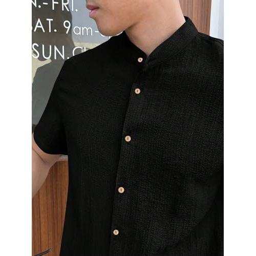 Toplot Men's Solid Regular Fit Shirt (Popcorn-Mandarin-5210-Black-Xxl_Black