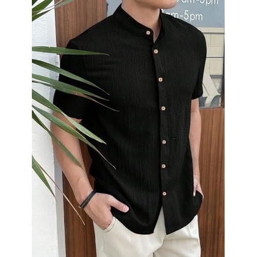 Toplot Men's Solid Regular Fit Shirt (Popcorn-Mandarin-5210-Black-Xxl_Black