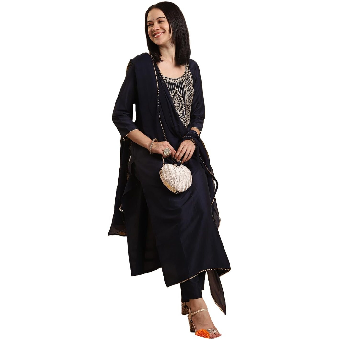 Gosriki Women's Rayon Blend Straight Embroidered Kurta With Pant & Dupatta (Paan Blue-Gs_S_Blue_Small)