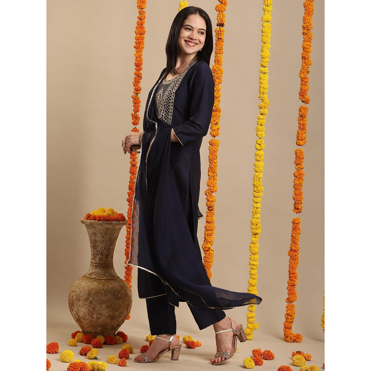 Gosriki Women's Rayon Blend Straight Embroidered Kurta With Pant & Dupatta (Paan Blue-Gs_S_Blue_Small)