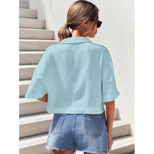 Toplot V-Collar Solid Crop Shirt For Women With Half Sleeves (Crop-Shirt-5183-Sky-Xs)