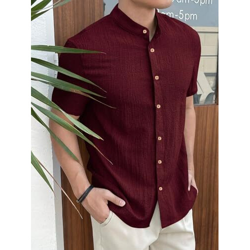 Toplot Men's Polyester Solid Regular Fit Shirt (Popcorn-Mandarin-5210-Maroon-M_Maroon, Medium