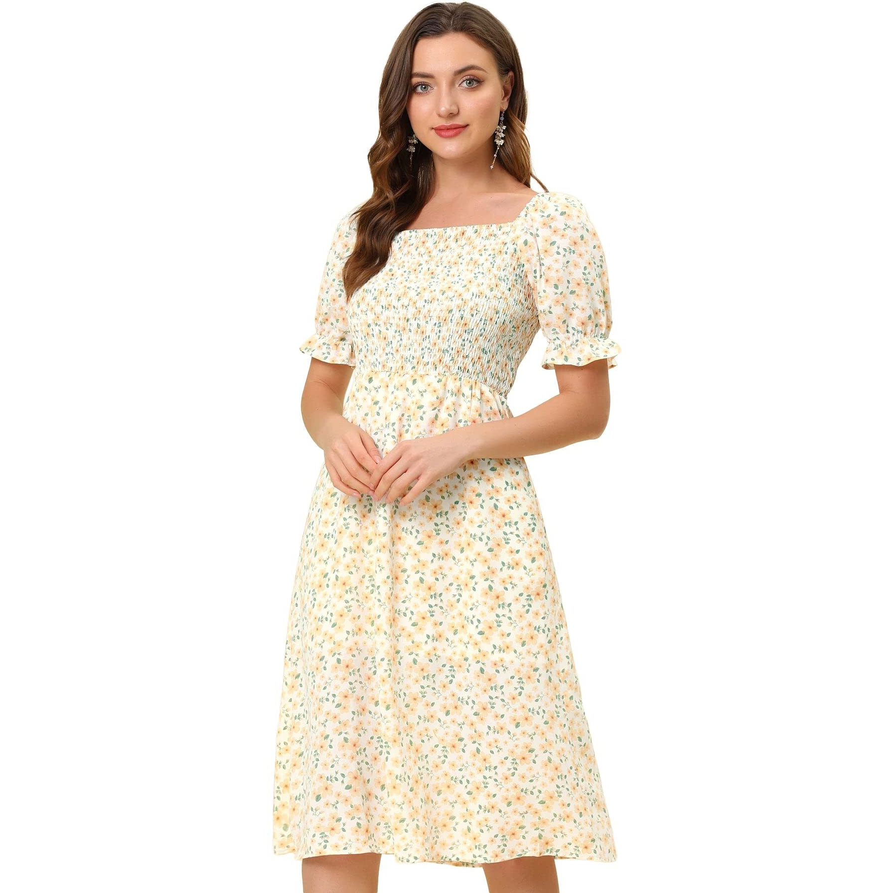 Toplot Dresses For Women Knee Length With Floral Print(Dress-5107-Lemon-Xl)