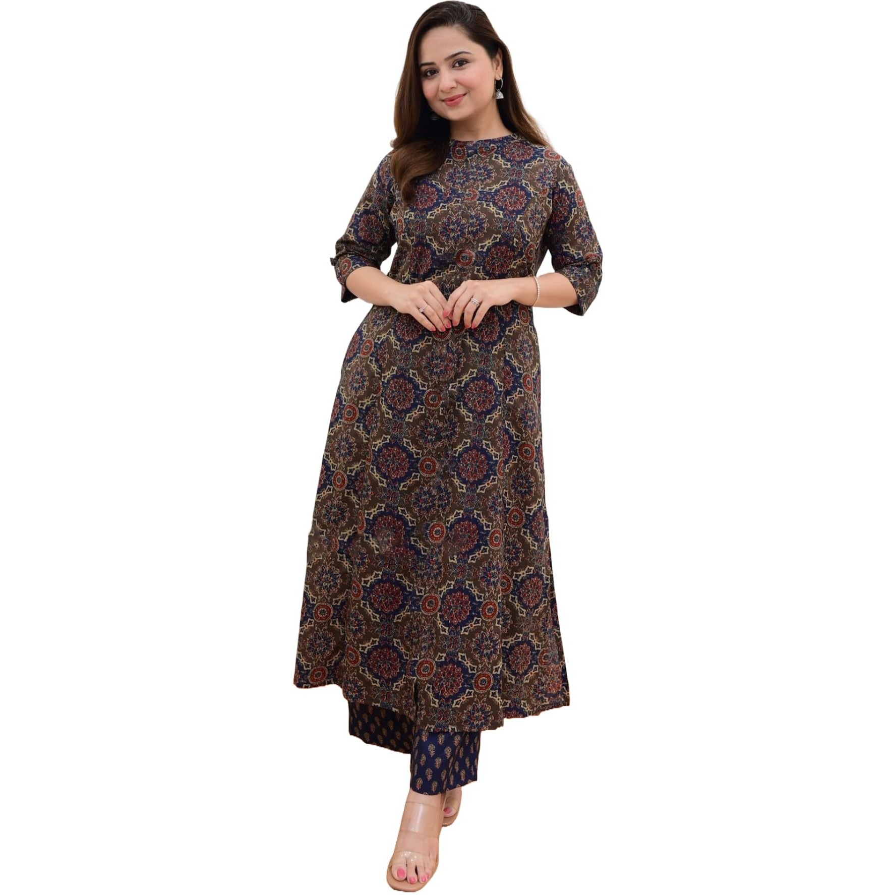 Gosriki Women's Cotton Blend Straight Printed Kurta With Palazzo (Abp Blue-Gs_L_Blue_Large)