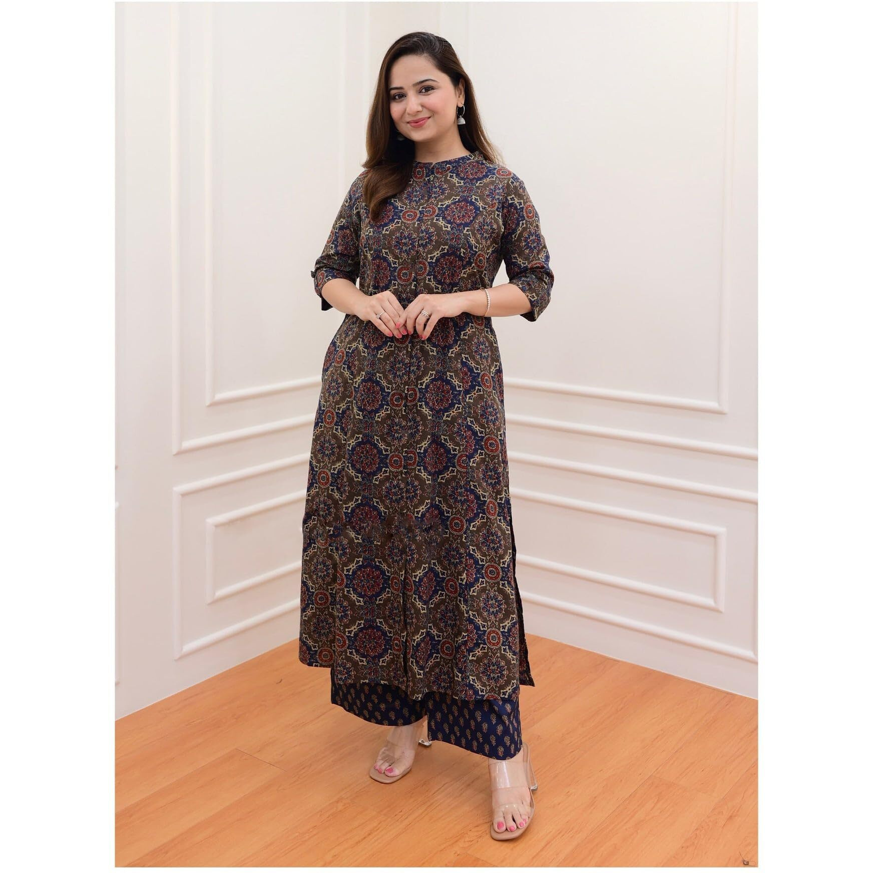 Gosriki Women's Cotton Blend Straight Printed Kurta With Palazzo (Abp Blue-Gs_L_Blue_Large)