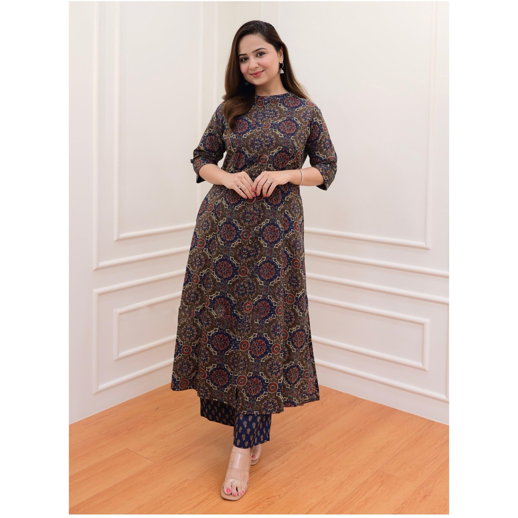 Gosriki Women's Cotton Blend Straight Printed Kurta With Palazzo (Abp Blue-Gs_L_Blue_Large)