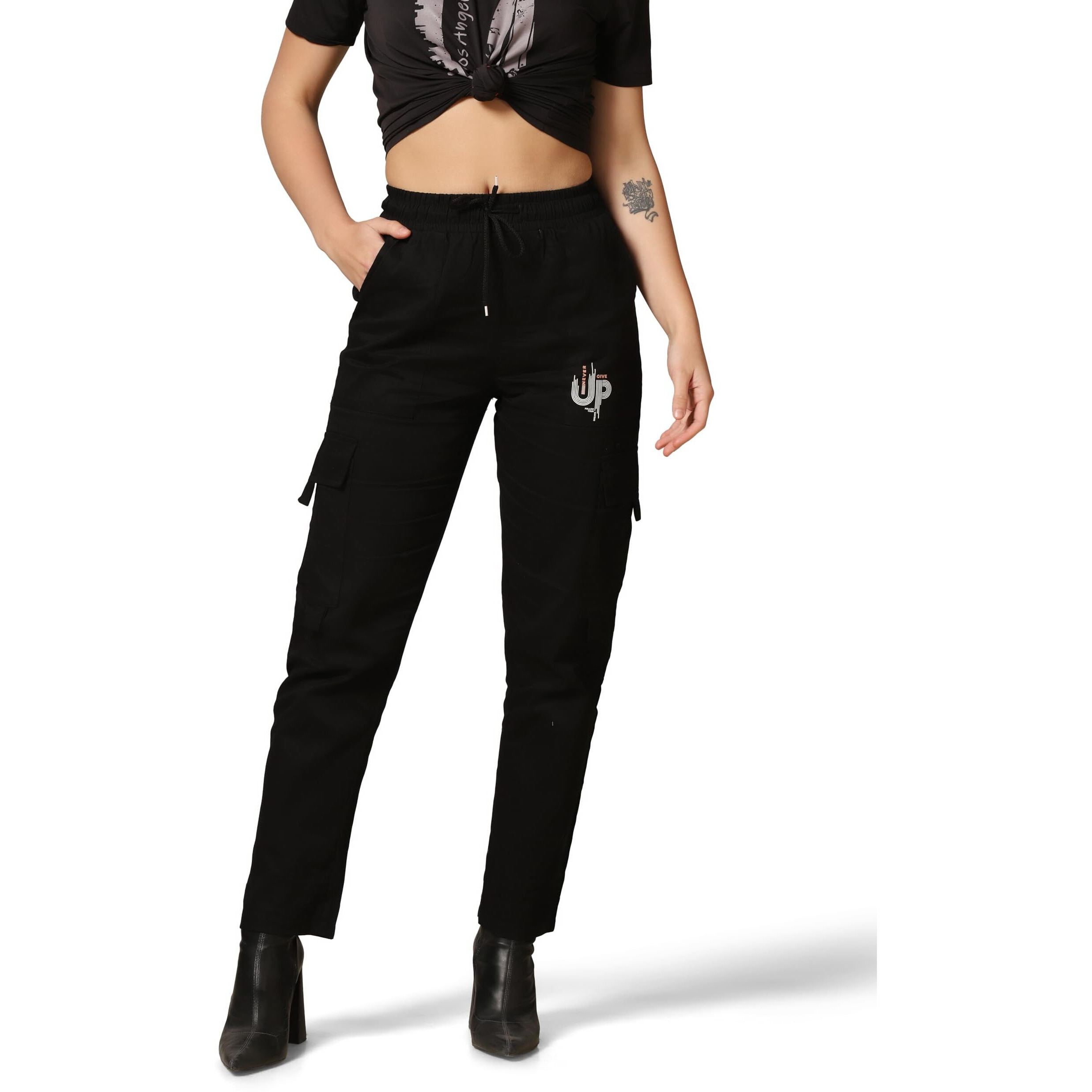 Toplot Cotton Multi-Pocket Cargo Pant For Women (Women-Up-Cargo-5178-Black-32)