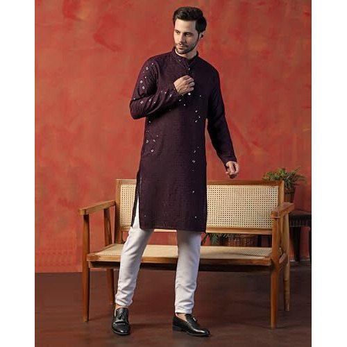Toplot Kurta For Men || Men's Ethnic Wear Sequin Embroidered Cotton Blend Kurta Set || Men's Kurta (Men-Seq-Kurta-Set-5209-Wine-Xxl)