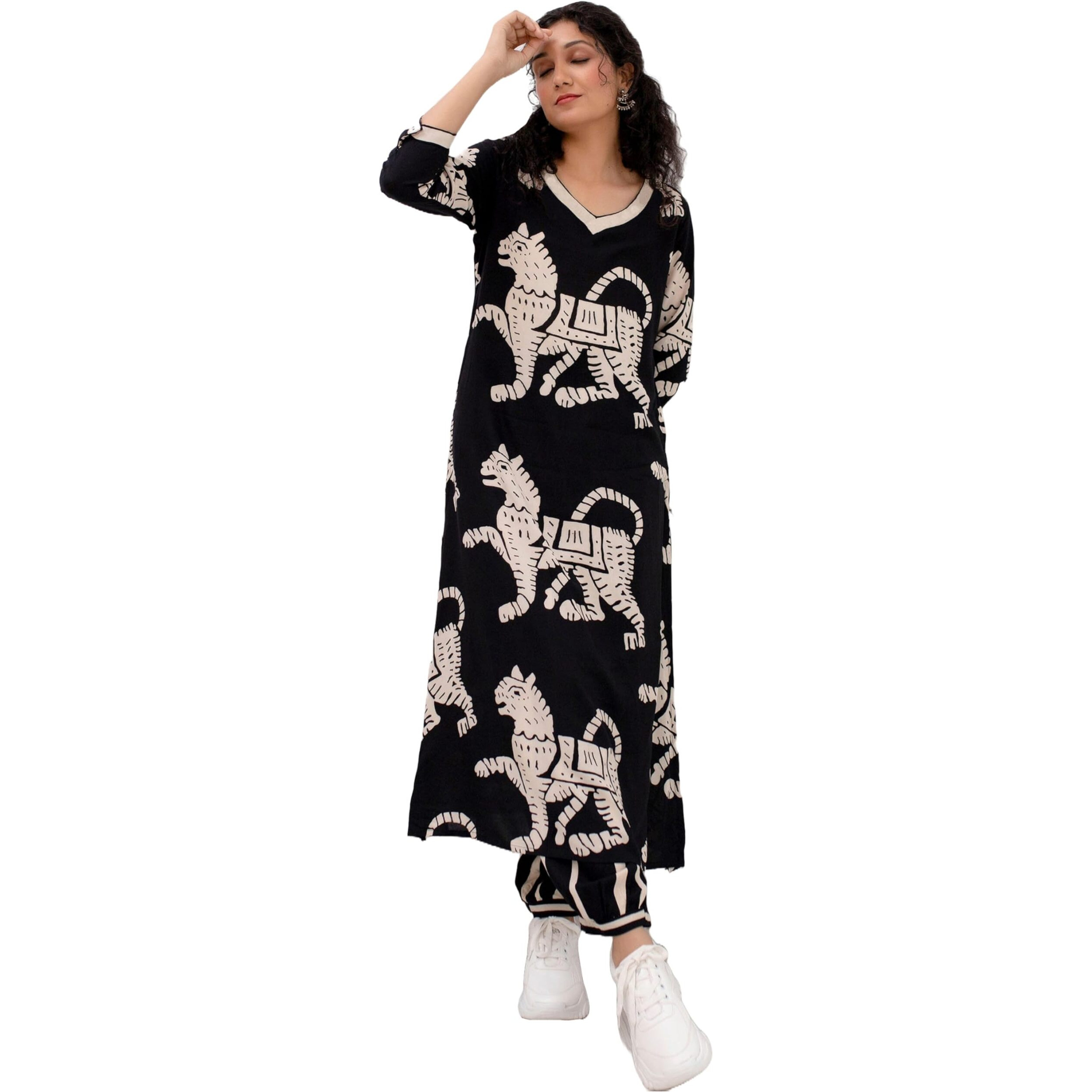 Gosriki Women's Cotton Blend Straight Animal Printed Kurta With Pant (Lanka Black-Gs_Xl_Black_X-Large)