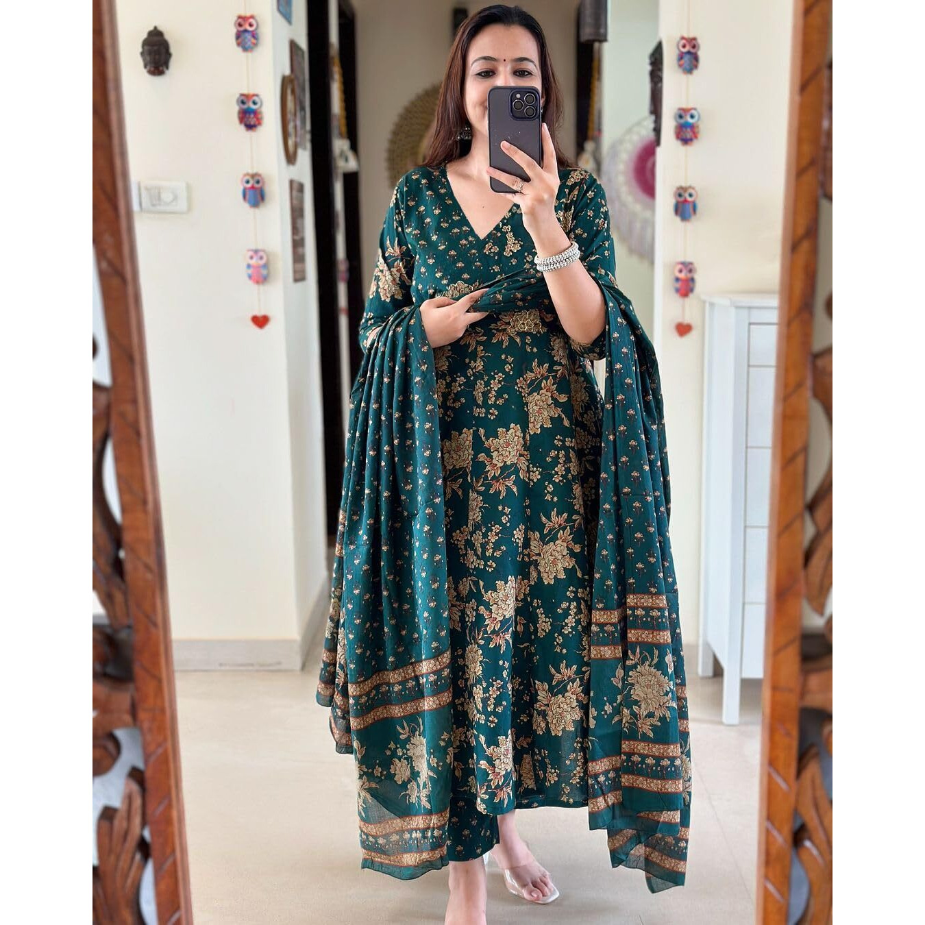 Gosriki Women's Rayon Blend Anarkali Printed Kurta With Pant & Dupatta (Navneeta Dark Green-Gs_Xl_Dark Green_X-Large)