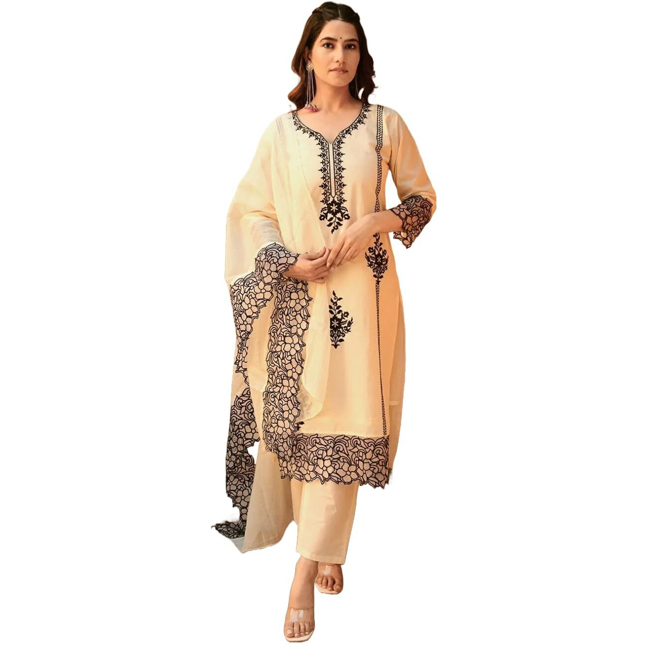Gosriki Women's Cotton Blend Straight Embroidery Kurta With Pant & Dupatta (Trp Off-White-Gs_Xxl_White_Xx-Large)