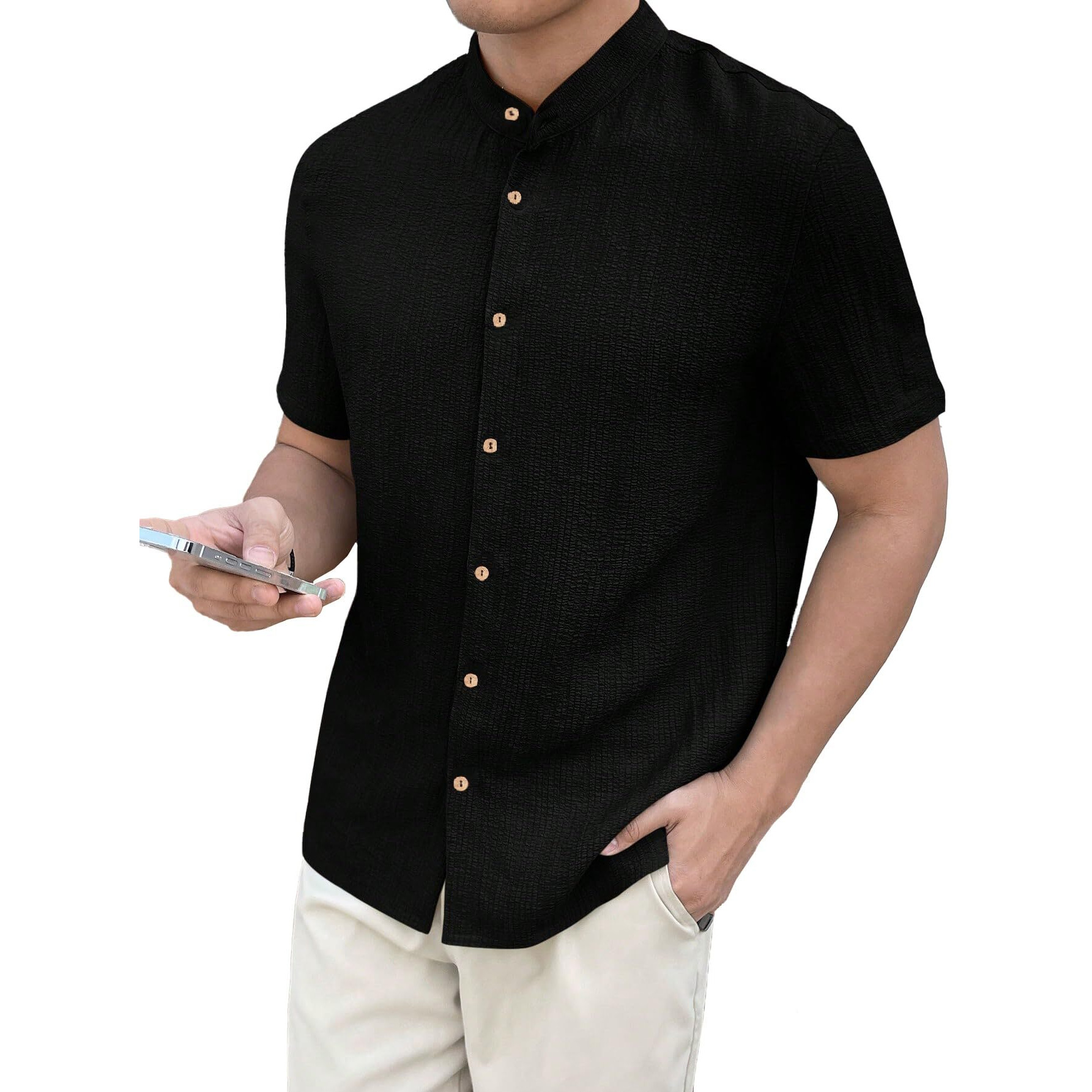 Toplot Polyester Men's Solid Regular Fit Shirt (Popcorn-Mandarin-5210-Black-M_Black