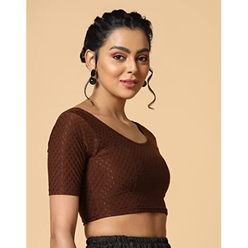 Toplot Cotton Blend Lycra Stretchable Round Neck Blouses For Women Readymade (Blouse-5058-Coffee-40)