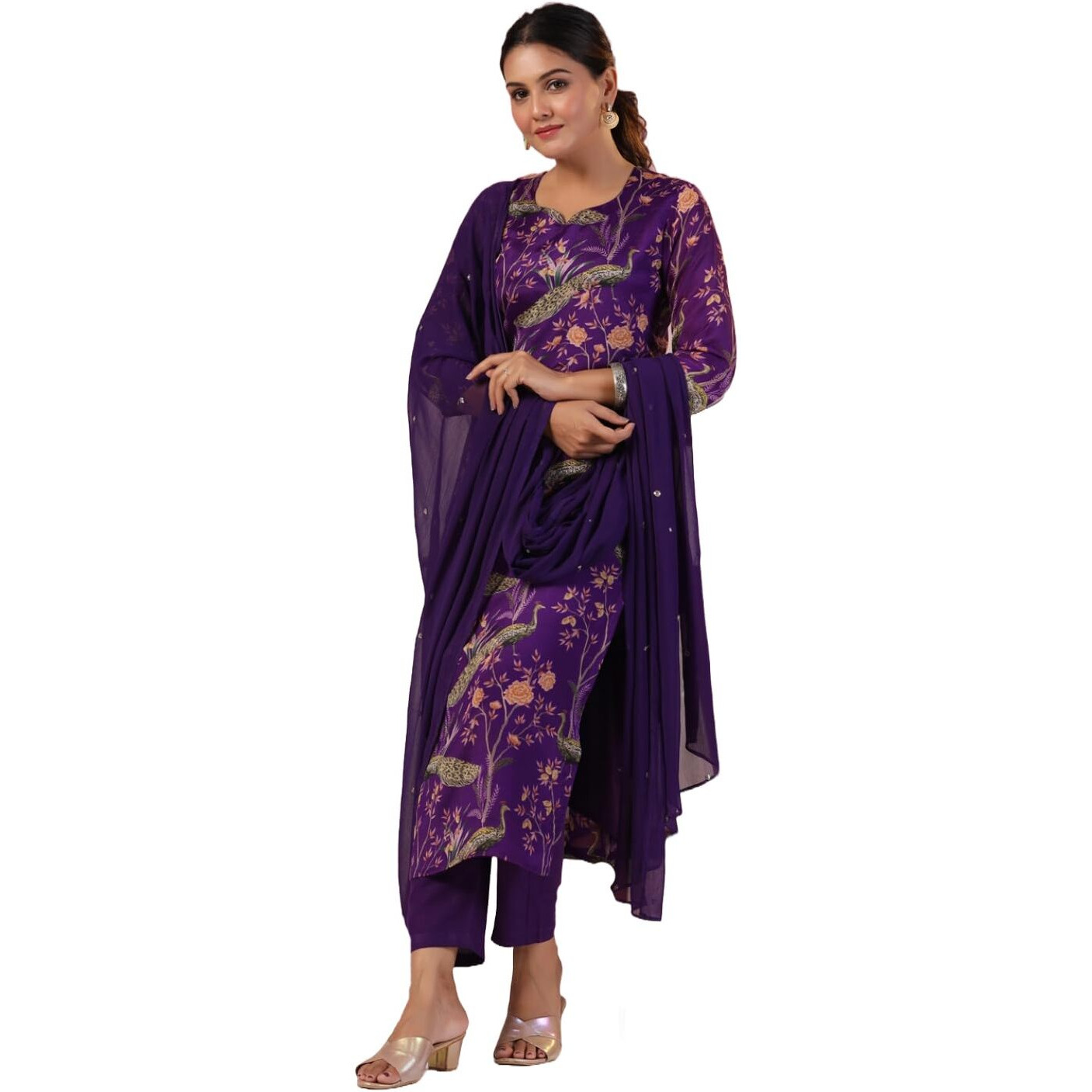 Gosriki Women's Rayon Blend Printed Straight Kurta With Pant & Dupatta (Geto Blue-Nw-Gs_M_Blue_Medium)