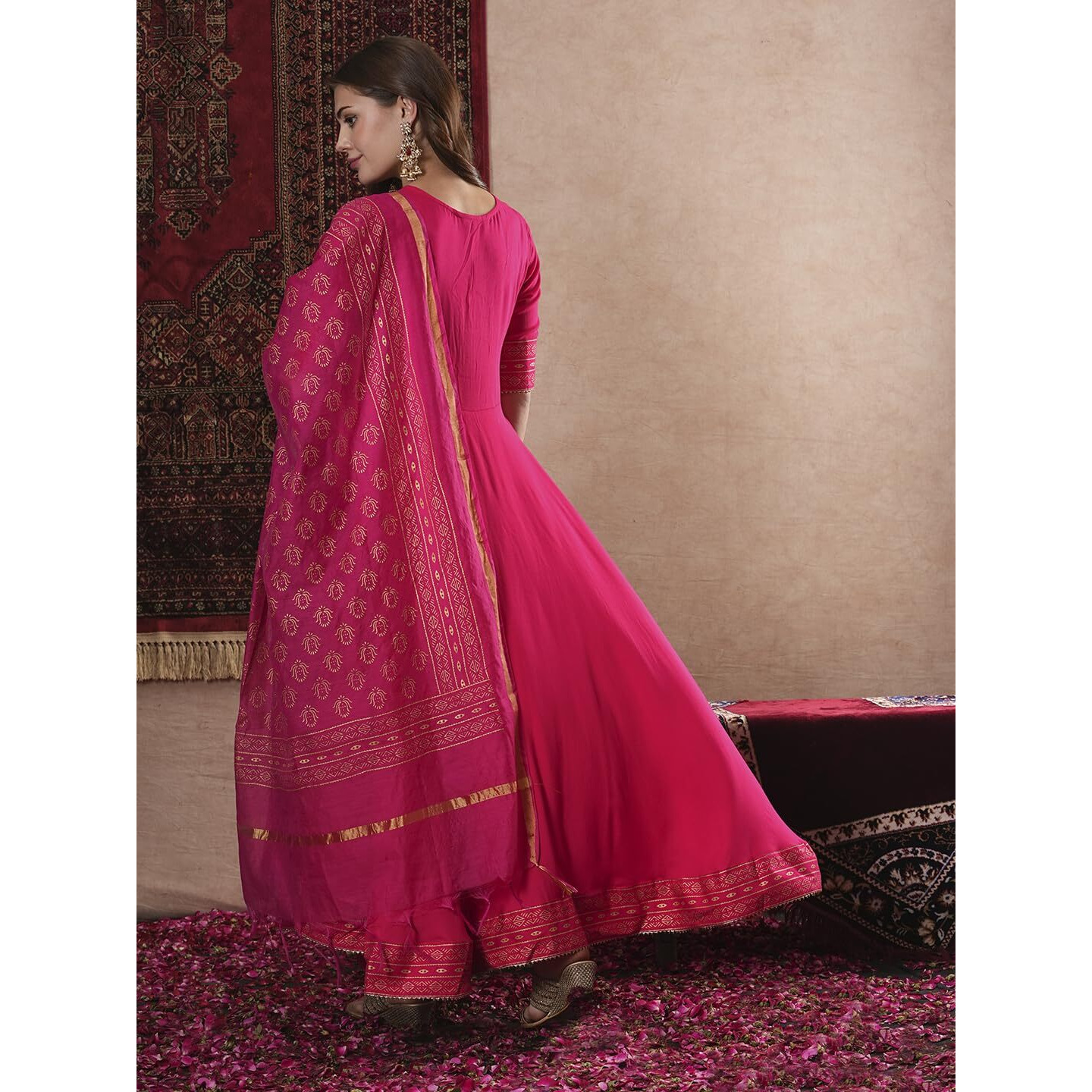 Gosriki Women's Rayon Blend Anarkali Solid Kurta With Pant & Dupatta (Ganpati-Rani-Vks07-Gs_L_Pink_Large)