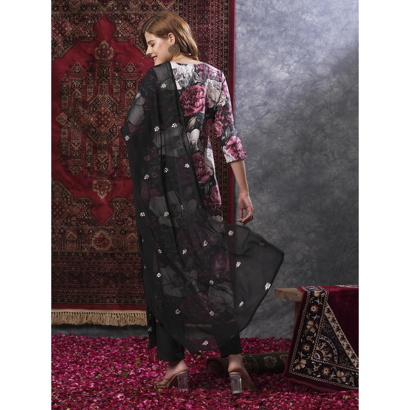 Gosriki Women's Rayon Blend Straight Printed Kurta With Pant & Dupatta (Poona Black-Vks01-Gs_3Xl_Black_Xxx-Large)