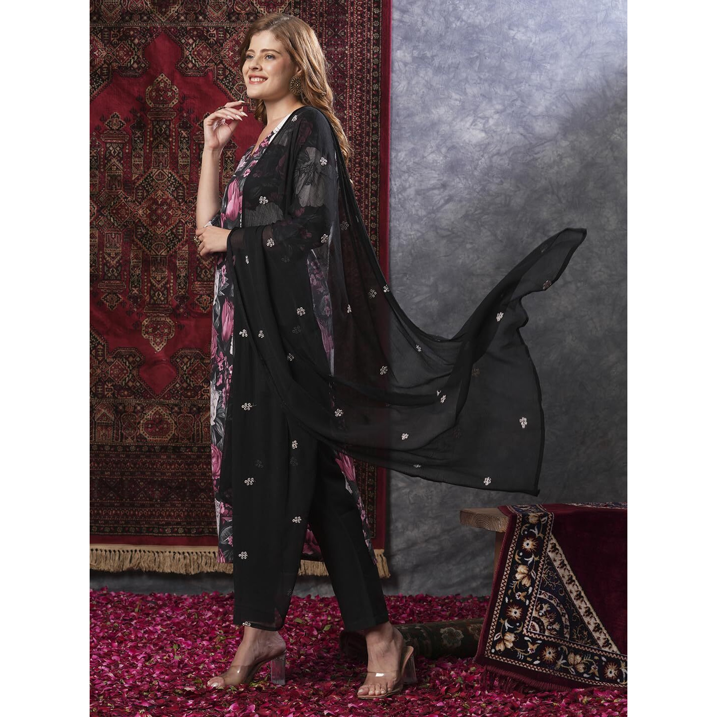 Gosriki Women's Rayon Blend Straight Printed Kurta With Pant & Dupatta (Poona Black-Vks01-Gs_3Xl_Black_Xxx-Large)