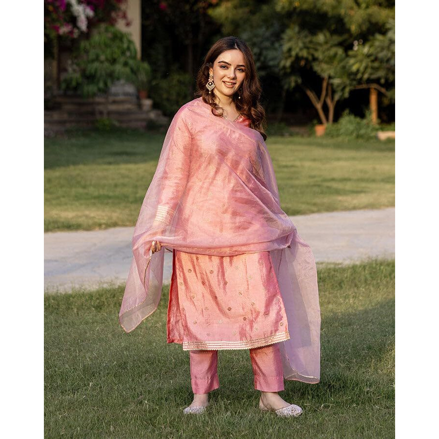 Gosriki Women's Chanderi Cotton Straight Printed Kurta With Pant & Dupatta (Yoda Peach-Gs_Xl_Peach_X-Large)