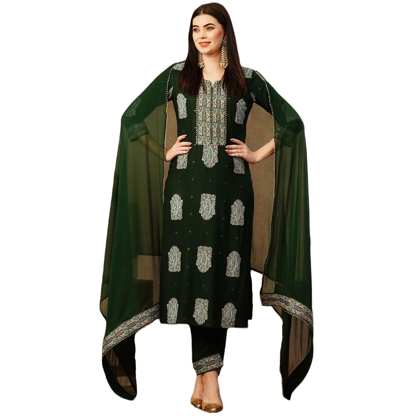 Gosriki Women's Cotton Blend Straight Printed Kurta With Pant & Dupatta (Carla Green-Nw-Gs_L_Green_Large)