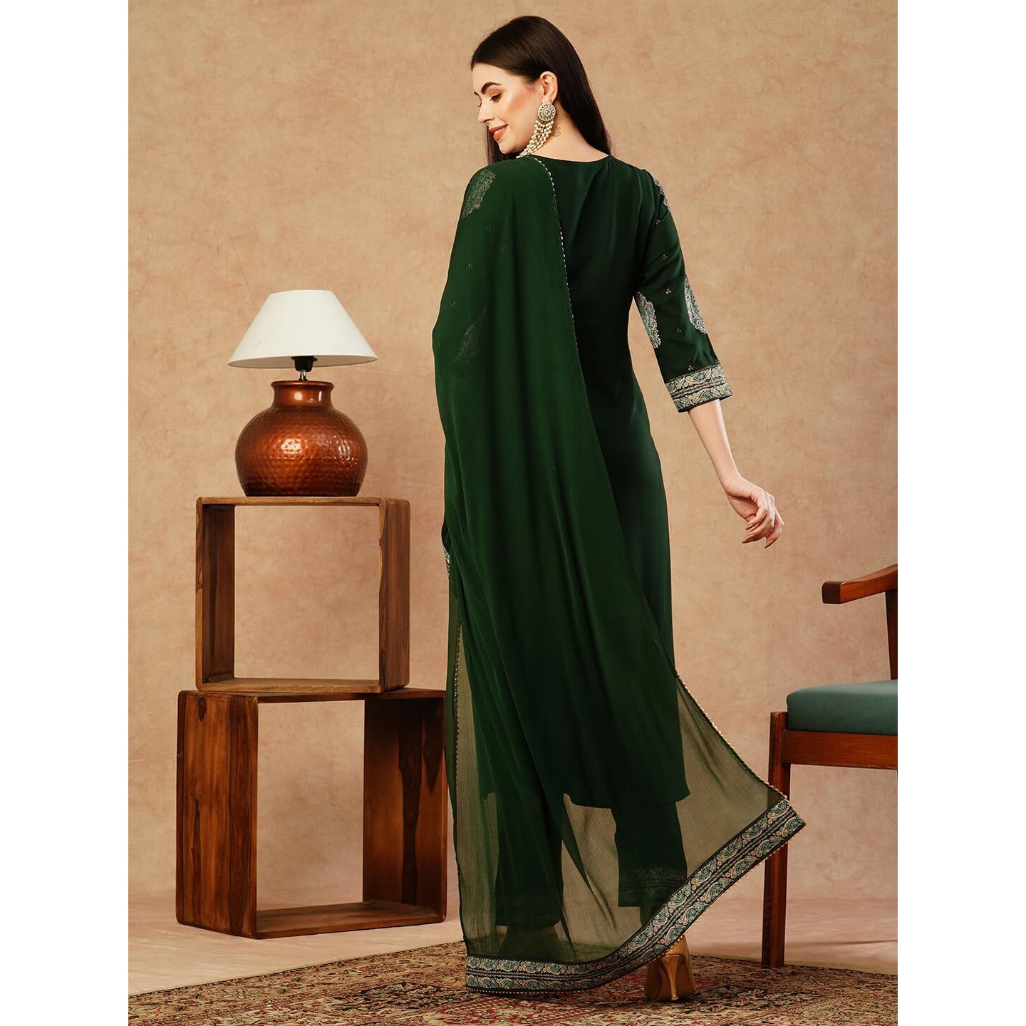 Gosriki Women's Cotton Blend Straight Printed Kurta With Pant & Dupatta (Carla Green-Nw-Gs_L_Green_Large)