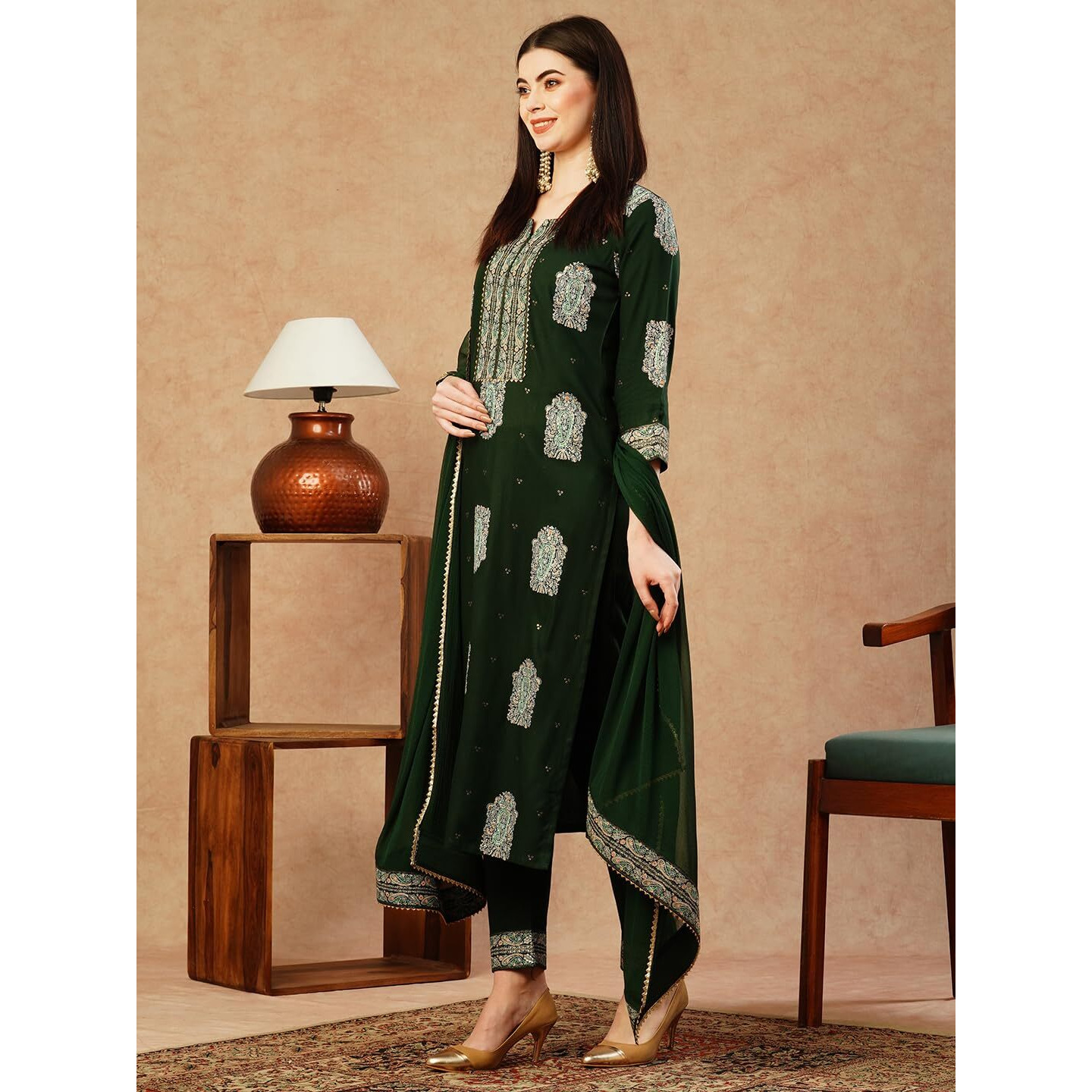 Gosriki Women's Cotton Blend Straight Printed Kurta With Pant & Dupatta (Carla Green-Nw-Gs_L_Green_Large)